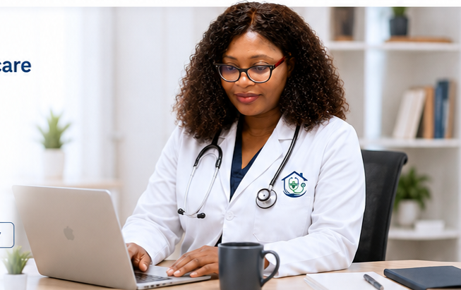 At Home Telemedicine practitioner working at her desk during a care session